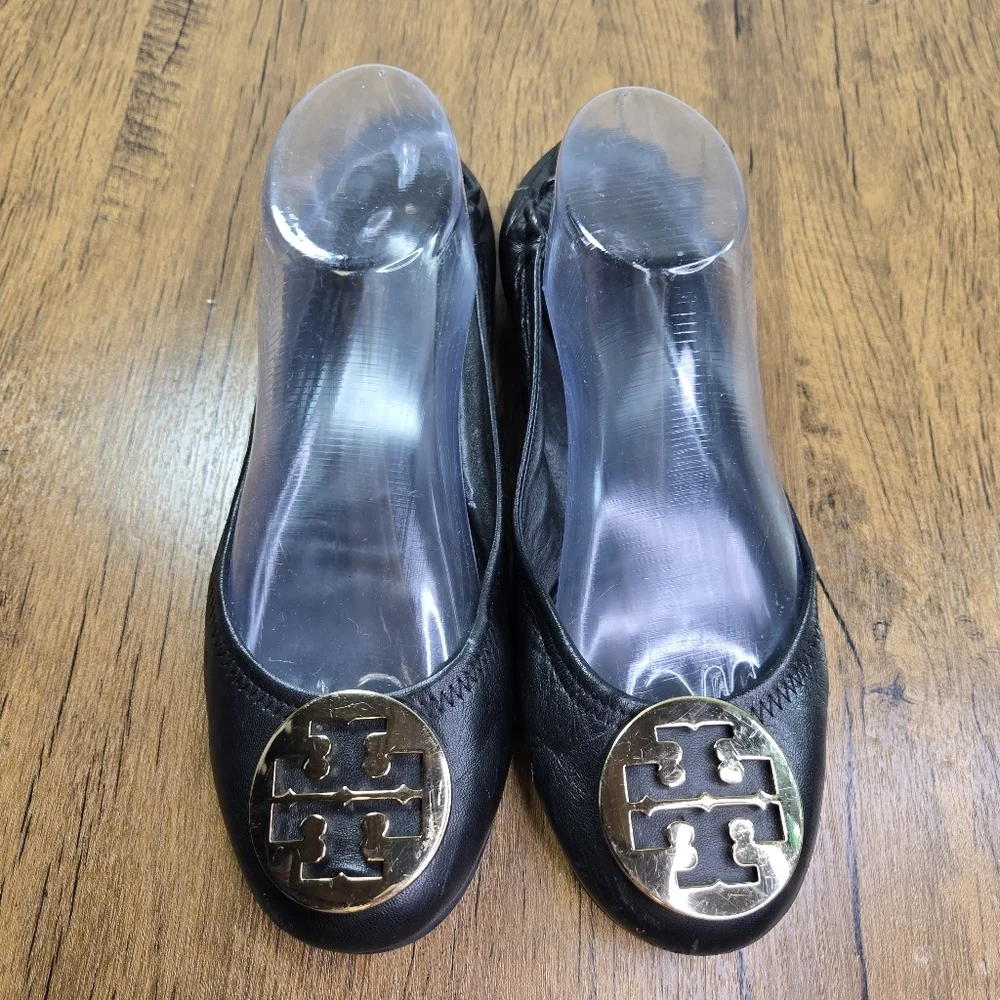 Tory Burch Reva Black Leather Ballet Flats Gold Logo Hardware